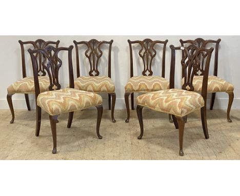 A quality set of six Edwardian mahogany dining chairs of Chippendale design, each with acanthus carved crest rail over moulde