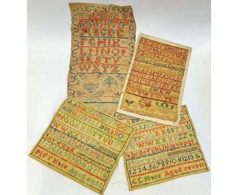 Four nineteenth century needlework samplers including an initialled sampler (sans 'u'), a documentary sampler of Margaret Nai