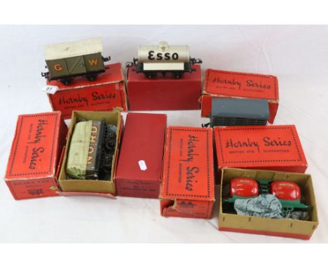 Eight boxed Hornby O gauge items of rolling stock to include Wine Wagon, Milk Traffic Van x 2, Petrol Tank Wagon ESSO, Covere