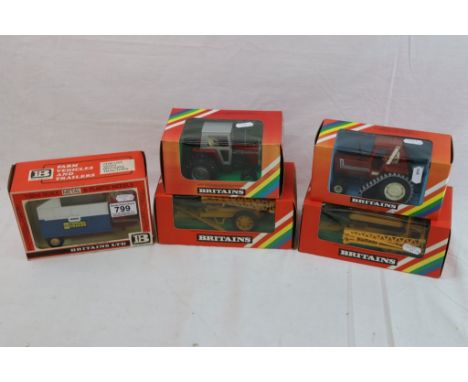 Five boxed Britains farming models to include 9527 Fiat Half Track Tractor, 9566 High Sided Tipper Cart, 9567 Chafer Sprayer 