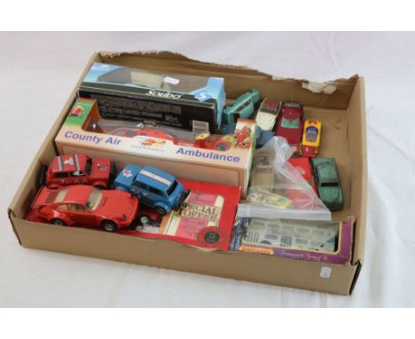 Group of boxed and unboxed vintage diecast to include Corgi, Dinky and Matchbox, boxed Solido Helico, plus 3 x Scalextric slo