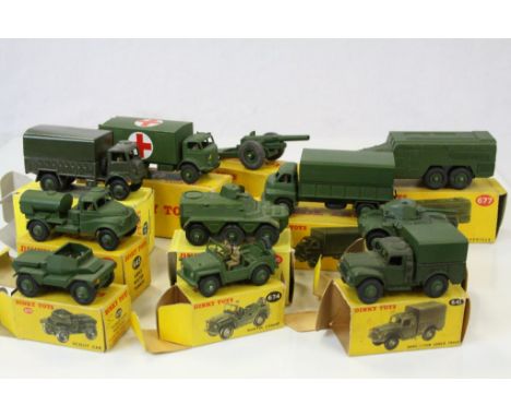 11 Boxed Dinky military diecast models to include 677 Armoured Command Vehicle, 626 Military Ambulance, 623 Army Covered Wago