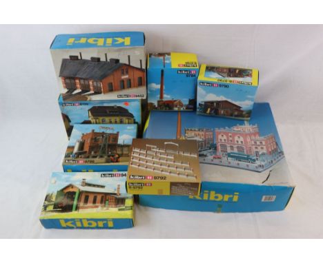 Collection of 13 boxed and unmade Kibri HO scale model buildings and kits to include 9796 (box with damage), 9452, 9792, 9960