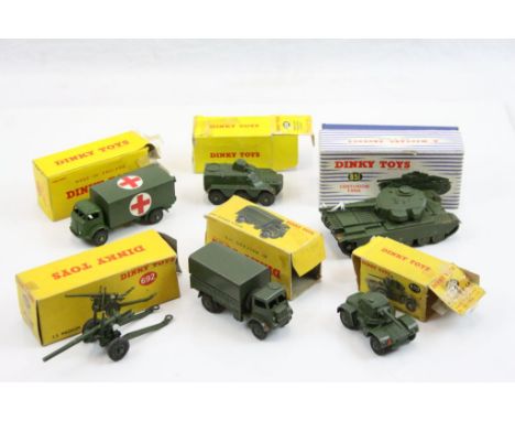 Six boxed Dinky diecast models to include 692 5.5 Medium Gun, 651 Centurion Tank, 676 Armoured Personnel Carrier, 623 Army Co