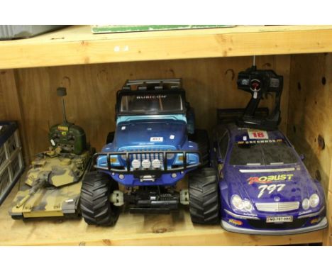 Three large r/c vehicles to include New Ray Jeep, Tank and Mercedes style Touring car