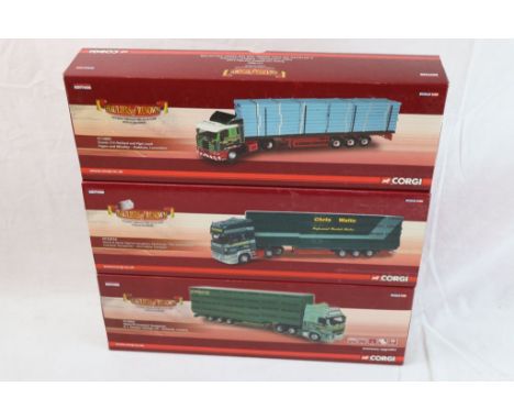 Three boxed Corgi Hauliers of Renown 1:50 ltd edn to include CC14805 Scania 113 Flatbed and Pipe Load Fagan and Whalley - Pad