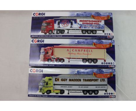 Three boxed Corgi Hauliers of Renown 1:50 ltd edn to include CC14029 Volvo FH Fridge Trailer Iggy Madden Transport ltd Galway