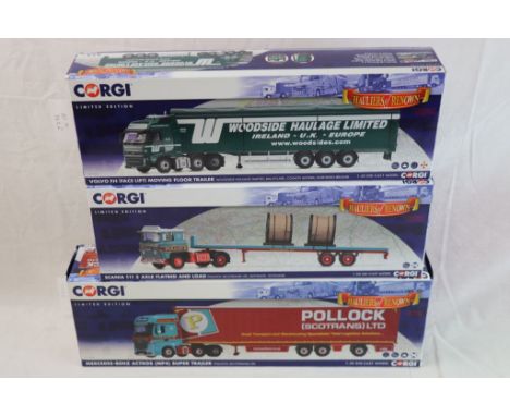 Three boxed Corgi Hauliers of Renown 1:50 ltd edn to include CC14033 Volvo FH Moving Floor Trailer, Woodside Haulage ltd, Bal