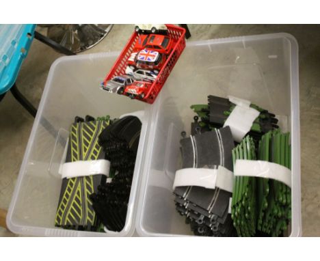 Large collection of Scalextric to include 8 x slot cars, track and trackside accessories (2 boxes)