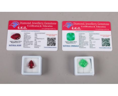 Two Large Natural gemstones, Emerald &amp; Ruby, Pear &amp; Octagon cut, Enhanced &amp; heat treated, 7.87ct &amp; 7.90ct wit