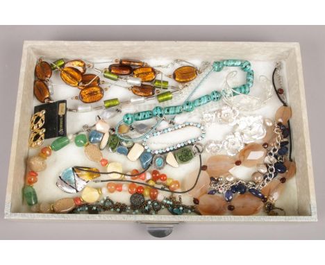 A tray of costume jewellery to include foil necklaces, agate, bracelets, pilgrim bangle, etc.  