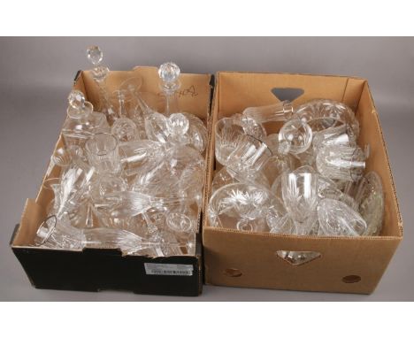 Two boxes of glass/ crystal, to include Royal Doulton decanter, drinking glasses, bowls etc.  