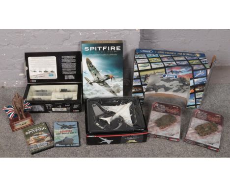 A box of mostly military diecast vehicles to include Franklin Mint Precision Models boxed fighter jet, Spitfire box set, Corg