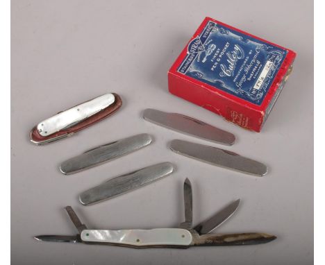 A Joseph Westby mother of pearl handled multi tool, with silver blade, along with five George Ibberson pen knives, to include