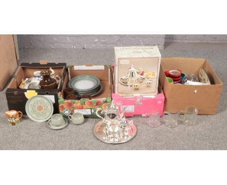 Four boxes of miscellaneous consisting of ceramics, glassware etc, to include, a Denby "Sundance" assortment, a silver plated