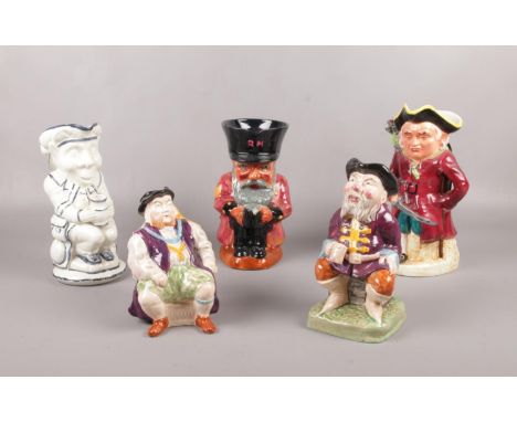 Five ceramic character jugs, Melba ware Henry the Eighth, Staffordshire Chelsea pensioner etc  
