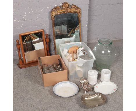 Two boxes of miscellaneous to include ornate gilt framed wall mirror, enamelled metal plate, pine toilet mirror, silver plate