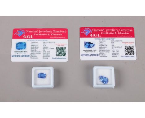 Two large Natural Sapphire gemstones, cushion &amp; pear cut, heat treated, 4.70ct &amp; 7.70ct with certificates  