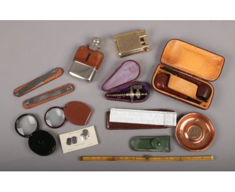 A group of collectables, to include silver plate and leather hip flask, cased pair of pipes, 12 inch folding Hockley Abbey me