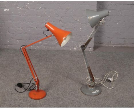 Two vintage Angle poise lamps  Both working. Rust to top of base on grey lamp. Scratches to paintwork on lamp head of both.