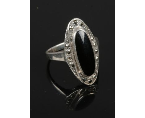 A silver Black onyx &amp; Marcasite ring, size O  