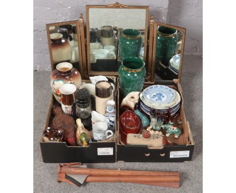 Two boxes of miscellaneous to include triple fold mirror, carnival glass, Poole, vases, cabinet plates, folding stool, etc.  