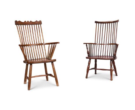 AN ASH AND ELM STICK-BACK CHAIR  EARLY 19TH CENTURY  With a shaped top rail, saddle seat and splayed legs joined by stretcher