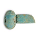 AN ANCIENT EGYPTIAN FAIENCE SCARAB AND WING, LATE PERIOD - PTOLEMAIC PERIOD