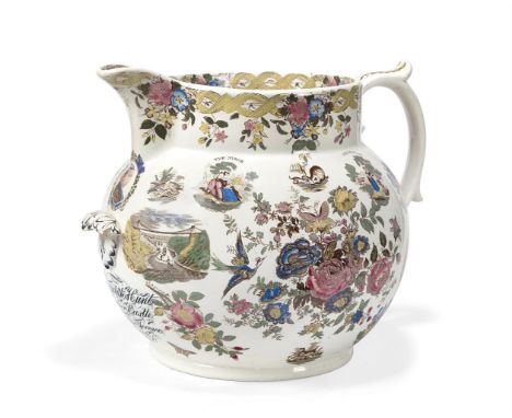 AN OVER-SCALED VICTORIAN POTTERY JUG  DATED 1888  Probably Bristol, painted cartouche inscribed "Elizabeth Hunt, Windsor Cast
