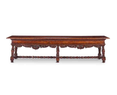 AN BAROQUE WALNUT LONG STOOL OR HALL BENCH ITALIAN, LATE 17TH CENTURY/EARLY 18TH CENTURY The moulded plank seat above a confo