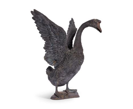 A BRONZE MODEL OF A SWAN  ENGLISH, 20TH CENTURY  80.5cm high, wingspan 59cm   Condition Report:  With some weathering wear, m