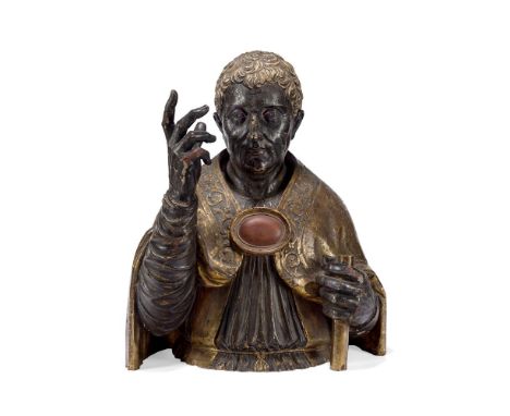 A LARGE POLYCHROMED CARVED WOOD PORTRAIT OF A SAINT  ITALIAN, 17TH CENTURY  Right hand raised in blessing, left hand holding 