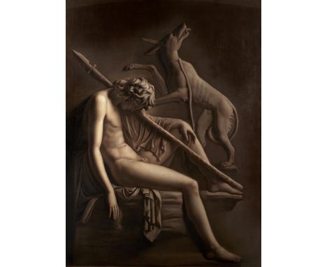 ITALIAN SCHOOL (18TH CENTURY) ENDYMION SLEEPING WITH HIS DOG BESIDE HIM Oil on canvas, en grisaille  163 x 112cm (64 x 44 in.