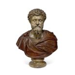 A LARGE PAINTED CARTON PIERRE AND PLASTER BUST OF EMPEROR MARCUS AURELIUS POSSIBLY FRENCH