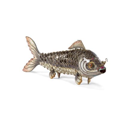 A WHITE METAL AND ENAMEL ARTICULATED FISH  CHINESE, LATE 19TH/EARLY 20TH CENTURY   20.5cm long, 7cm high   Condition Report: 