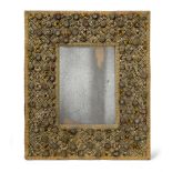 AN ENGLISH EMBROIDERED WOOL AND RAISED WORK FRAMED MIRROR, 17TH CENTURY