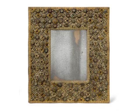 AN ENGLISH EMBROIDERED WOOL AND RAISED WORK FRAMED MIRROR 17TH CENTURY  The rectangular plate in a surround with diaper patte