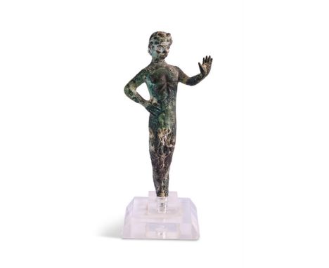 A BRONZE STANDING FIGURE OF PAN  ANCIENT ROMAN, 1ST- 3RD CENTURIES  Depicted horned, left hand held up, set on later Perspex 