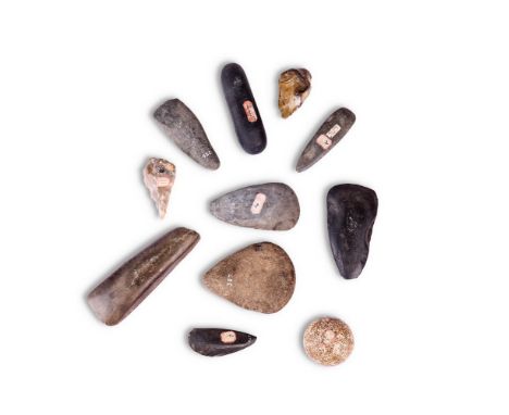 AN INTERESTING COLLECTION OF ELEVEN PALEOLITHIC AND NEOLITHIC BRITISH AND IRISH FLINT AND STONE TOOLS  To include axe heads, 