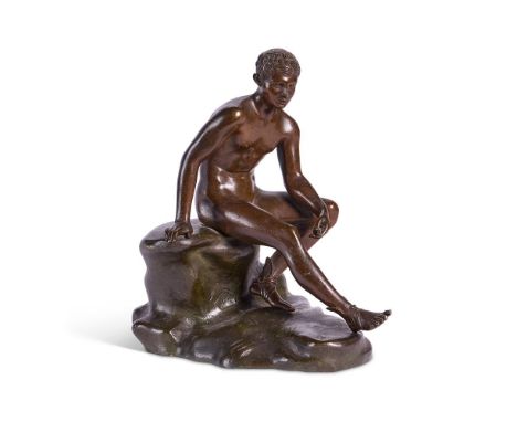 AFTER THE ANTIQUE- A BRONZE FIGURE OF THE SEATED HERMES  ITALIAN, 19TH CENTURY  20cm high, base 18cm wide   