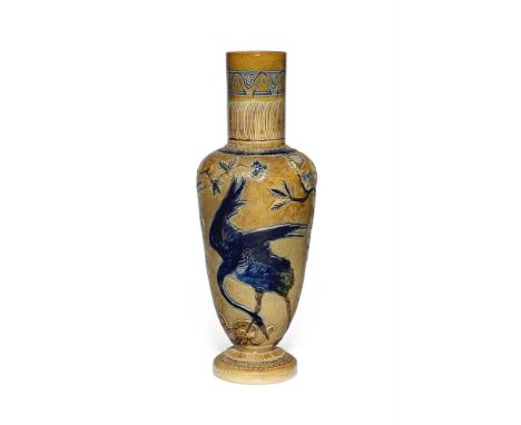 A MARTIN BROTHERS STONEWARE VASE WITH HERON DECORATION  DATED 1874  Inscribed 'R.W. Martin, 10/74' and 'D29' to base  29cm hi