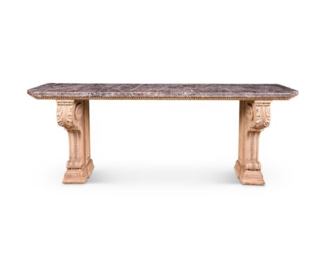 A BARDIGLIO AND SIENA MARBLE CONSOLE TABLE  FRENCH, CIRCA 1770  On carved wood volute scroll supports  top 232cm wide, 94cm h