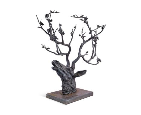 A BRONZE MODEL OF A STAG'S HEAD  CONTEMPORARY   With floral antlers  121cm high, base 40cm wide   Condition Report:  With wea