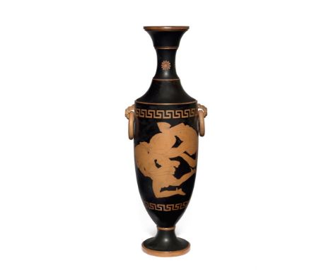 A WATCOMBE POTTERY RED FIGURE VASE IN THE GREEK STYLE  19TH CENTURY  With Mercury and goddess in flight to one side, two wome