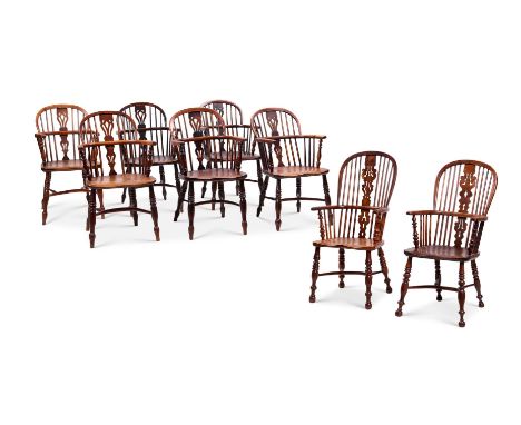 A MATCHED SET OF EIGHT YEW AND ELM WINDSOR ARMCHAIRS  PROBABLY NOTTINGHAMSHIRE OR EAST MIDLANDS, EARLY 19TH CENTURY  Includin