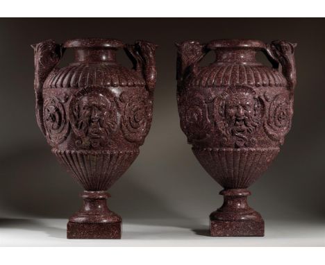 THE DE ROTHSCHILD VASES: AN IMPORTANT PAIR OF CARVED IMPERIAL PORPHYRY VASES  FRENCH, 18TH/19TH CENTURY  Each in Egyptian por