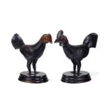 Y A PAIR OF CARVED EBONY MODELS OF A COCKEREL AND A HEN, INDIAN, 19TH CENTURY