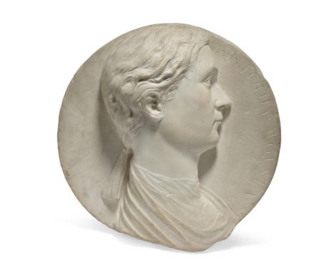 A WHITE MARBLE ROUNDEL PORTRAIT RELIEF OF ANTONIA MINOR ITALIAN, CIRCA 1520  Incised name to right hand edge, modern metal fr