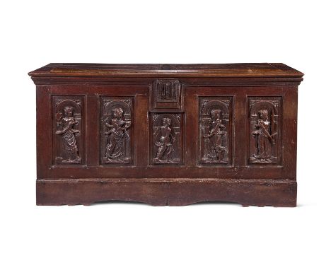AN OAK COFFER FLEMISH, 16TH CENTURY With a hinged, fielded lid, the front with five panels with allegorical carvings of femal