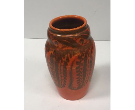 A Pilkington's Royal Lancastrian orange ground floral decorated vase, well stamped to base with incised initials “ETR” for Ed